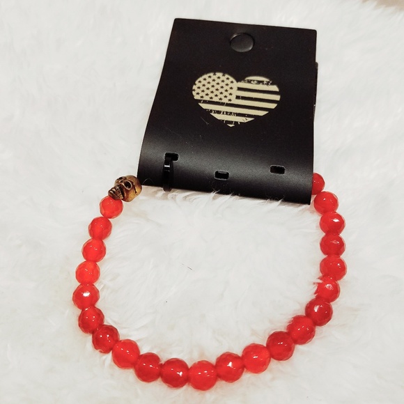 Brandy Melville Jewelry - Brandy Melville RED Bead GOLD Skull Bracelet